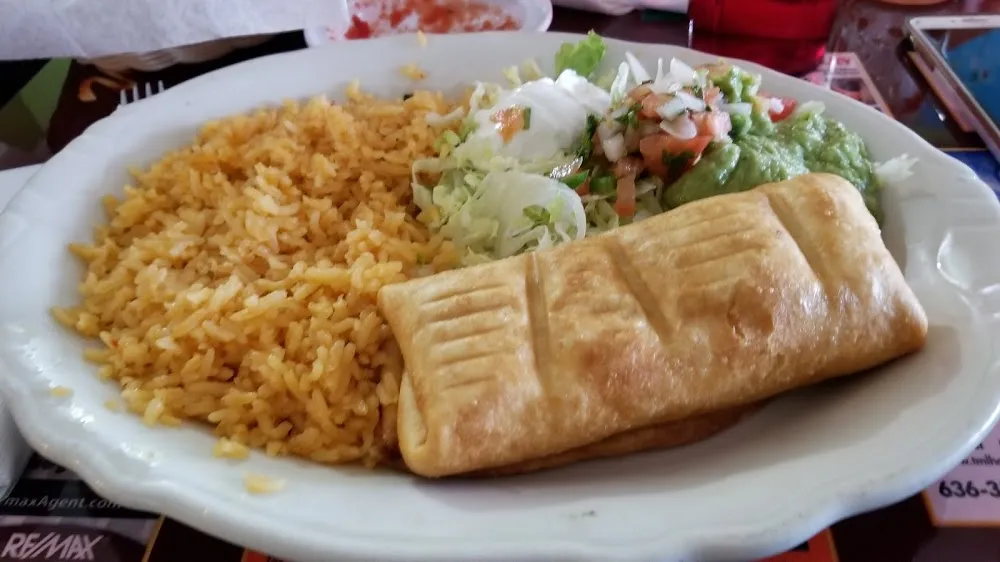 Chimichanga with Rice and Refried Beans